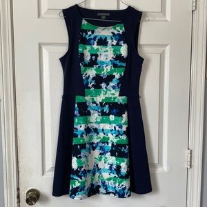 Covington navyblue green boat neck sleeveless mini floral striped dress side zip